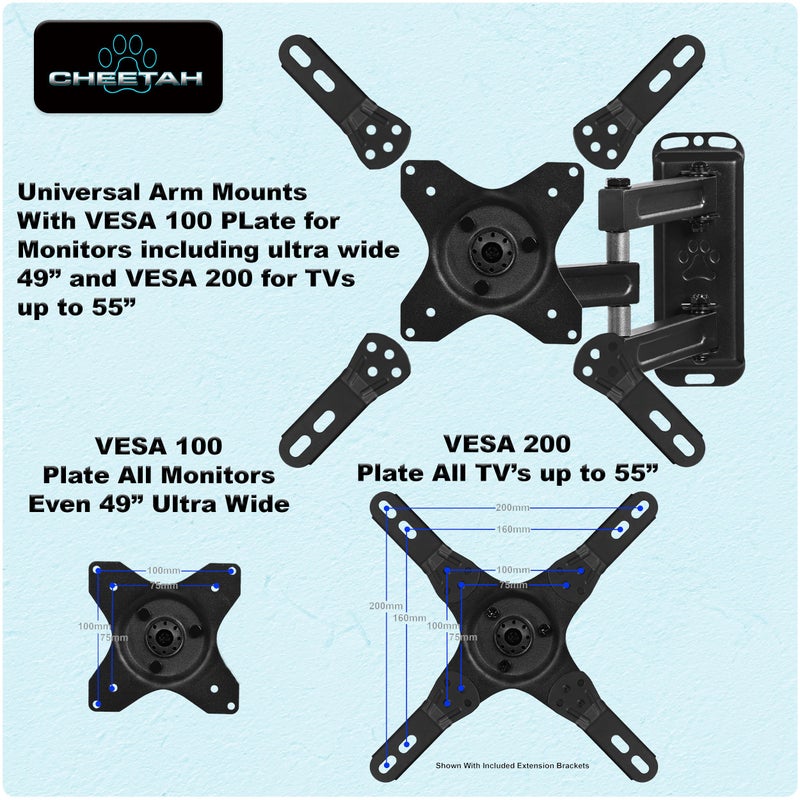 Cheetah TV Monitor Wall Mount for 12-55 Inch TVs up to 40lbs VESA 200x200mm, with 10ft HDMI Cable, TouchAdjust- Simply Grab, Adjust, Release Full Motion Swivel Tilt Bracket, Low Profile & Extends 15" - Image 2